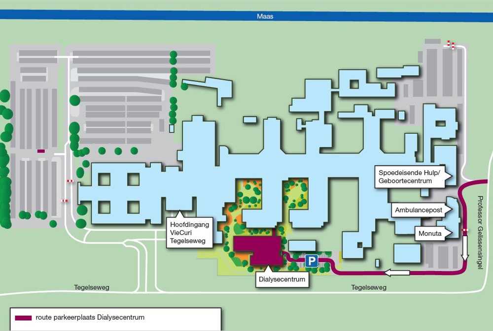 Plattegrond van de route naar de ingang van het Dialysecentrum